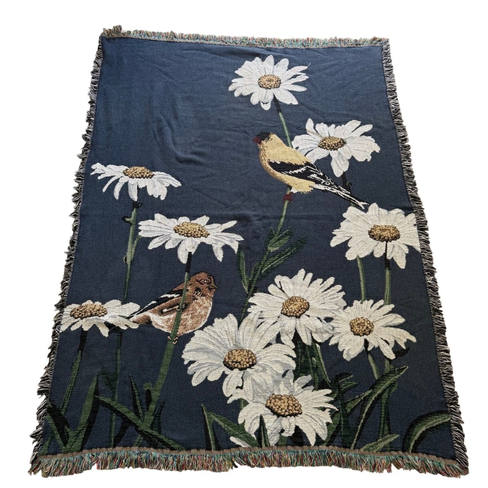 Vintage Woven Tapestry Throw Blanket Birds and Daisies Navy Blue Fringed 50x65